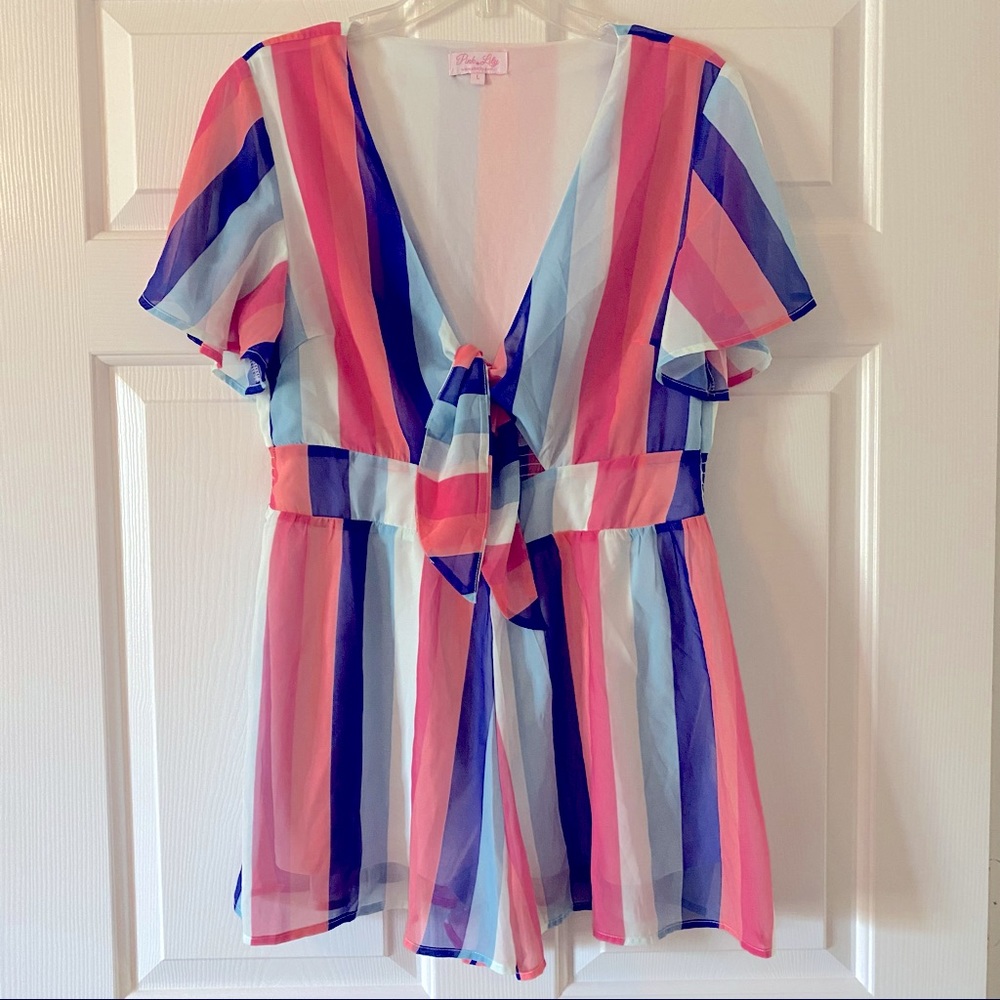 Pink Lily blue pink stripe romper tie front size L